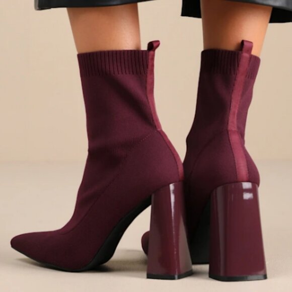 Lulu's Felicia Wine Ribbed Knit Pointed Toe Sock Boots | 7 - Picture 2 of 10
